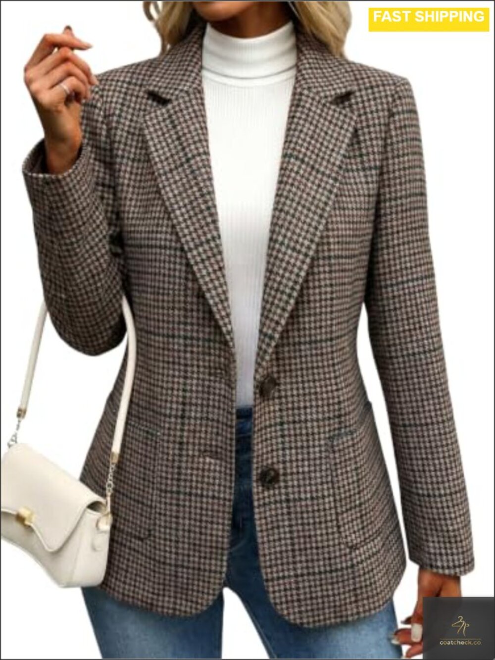 Wool Blend Houndstooth Blazer Fitted V-Neck Business Casual Workwear